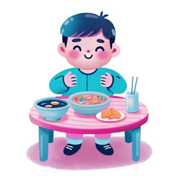 A boy sitting at a table with food and chopsticks png