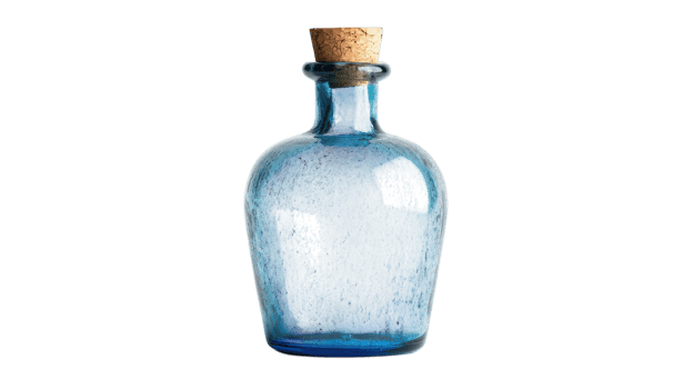 A Stylish Blue Glass Bottle with a Cork Stopper Perfect for Home Decor, Party, or Photography Projects. png