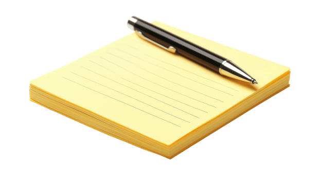 Bright Yellow Sticky Note Pad with Pen for Effective Note Taking and Organization, Perfect for Office or Home Use. png