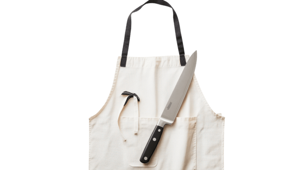 A Neatly Folded Chef's Apron Beside a Kitchen Knife - Perfect for Culinary Arts and Cooking Presentation. png