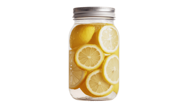 A Clear Mason Jar Filled with Fresh Lemon Slices for Creative Beverage Ideas and Refreshing Drinks Presentation. png