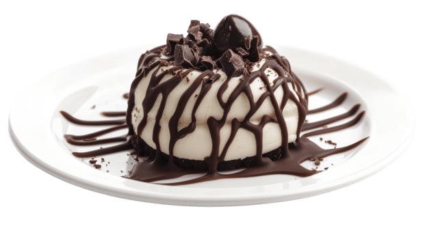 Deliciously Elegant Dessert with Chocolate Drizzle Perfect for Gourmet Menus, Social Media Posts, and Food Blogs. png