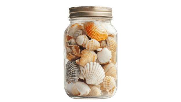 Capture the Beach Vibes with a Glass Mason Jar Full of Seashells Perfect for Coastal Decor and Summer Crafts Ideas. png