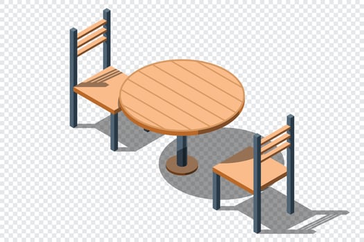 Isometric round table with chairs. Wooden round table. Isometric furniture. illustration vector