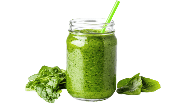 A green smoothie with a straw and leaves png