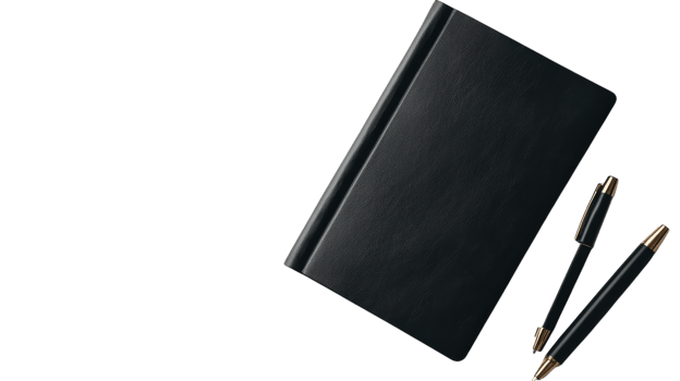 A black leather notebook with a pen and a pen png