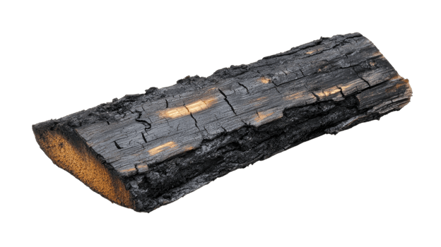 A close-up view of a piece of charred firewood covered in fine ash, ideal for nature-themed projects or backgrounds showcasing the beauty of burned wood.. png