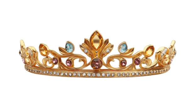 Golden crown with multi colored stones on a black background png