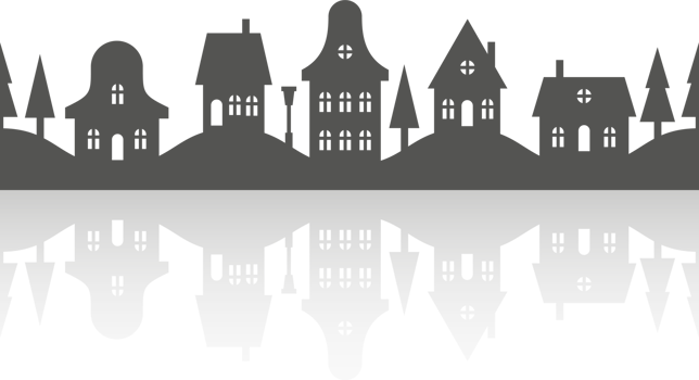 Silhouette of neighborhood houses. Homes and buildings on skyline. Christmas town and village. Row of small cottages on the street with fir trees and shadow. Seamless border png
