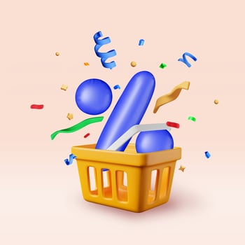 3D shopping basket with percentage symbol and confetti isolated. Render realistic shopping basket and colorful confetti around. Sale, discount or clearance vector