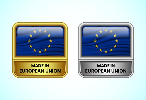 Made in European Union label icon in gold and silver color. Flag icon set for business vector