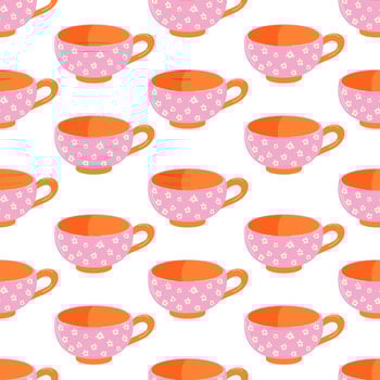 Seamless pattern with orange cup with pink floral design on a white background in flat style. Perfect for home decor, gift wrapping, fabric print and creative project. vector