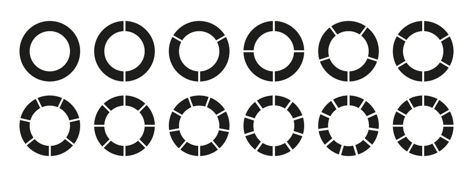 Coaching blank. Wheel divided, one, two, three, four, five, six, seven, eight, nine, ten, eleven, twelve segments. Infographic chart. Circle division, 1, 2, 3, 4, 5, 6, 7, 8, 9, 10, 11, 12 equal parts vector