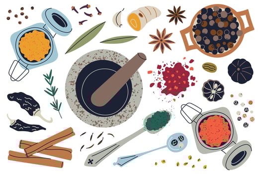 illustration of flat cartoon spice collection with mortar, pestle, and colorful ingredients like cloves, cinnamon, turmeric, star anise. Perfect for food design, seasoning, and kitchen decor vector