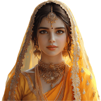 Bride in Yellow Saree with Gold Jewelry and Traditional Headpiece on Transparent Background png