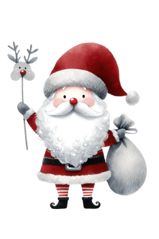 Santa claus holding a reindeer and a bag of gifts png