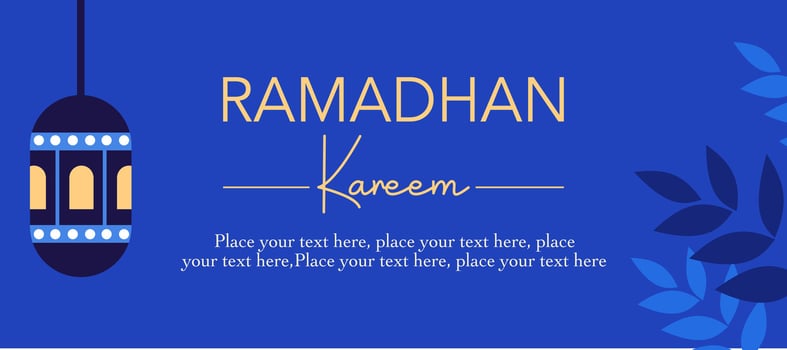 Happy Eid Mubarak and Ramadan Kareem greeting with lanterns, leaves illustration on blue simple background template for card, poster and banner vector
