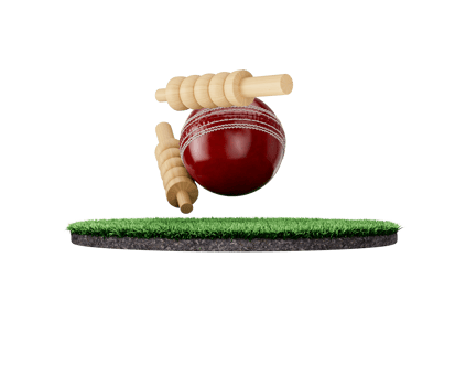 Red Leather Stitched Test Cricket Ball With Two Wicket Bails On Grass Ground Field 3D Illustration png