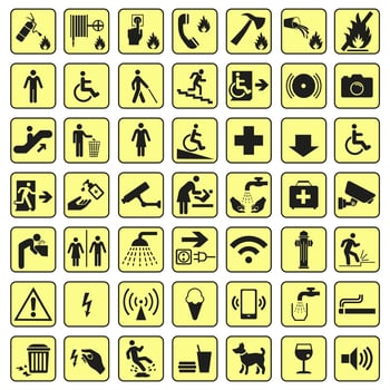 A set of basic signs used in public places. Bright yellow marks. vector
