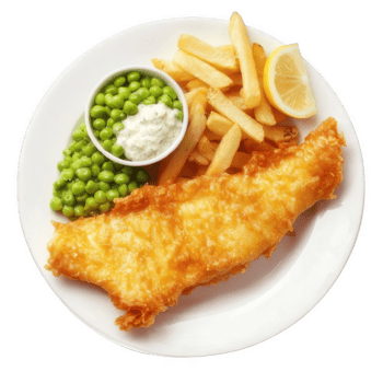 Fish and chips with green peas and tartar sauce png