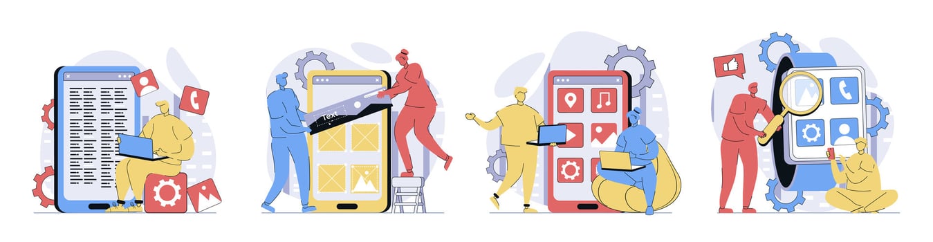 App development concept set in flat design for web. Collection with people programming and coding mobile layouts, placing app buttons and elements, make templates optimization. illustrations. vector