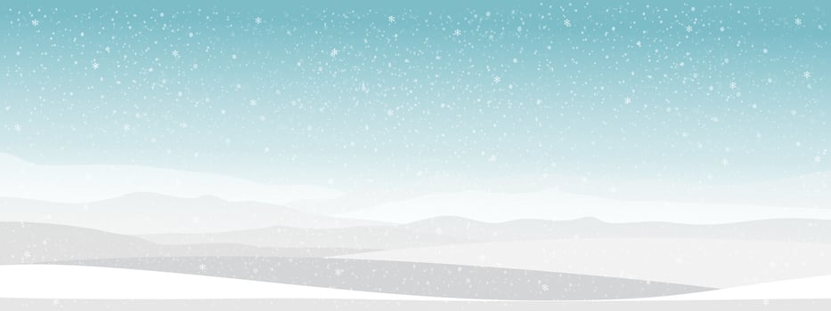 Christmas background with falling snow on wavy mountains landscape,Falling Snow flakes against blue sky, Banner Cartoon Horizon Beautiful Natural Scenery for New Year Greeting card 2025 vector