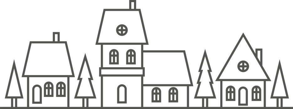 Winter village silhouette. Outline illustration of neighborhood skyline. Row of cute buildings and fur trees. Horizontal country scene. png