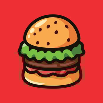 Colorful Cartoon Burger Illustration with Lettuce and Tomato on Red Background vector