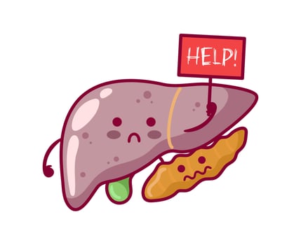 Diseased liver, gall bladder and pancreas. Cute characters in kawaii style. Affected organs, digestive system. Hepatitis, cirrhosis. For stickers, books, design. Medical brochure template. vector