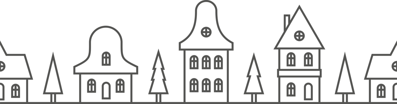 Christmas winter houses. Outline silhouette of neighborhood. Seamless border with skyline of cute buildings church and fur trees. Horizontal panorama with row of cozy homes. png