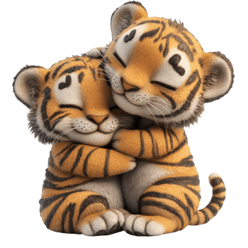 Adorable tiger cubs embrace with closed eyes, displaying love and affection against a see through backdrop png