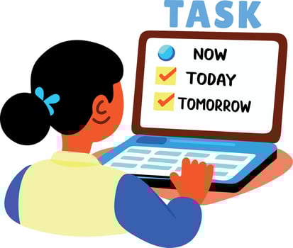 A flat sticker of a character checking her task list on laptop vector