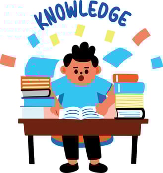 A flat sticker of a student reading books with knowledge typography vector