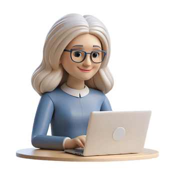 Smart woman with glasses and long white hair works on a laptop 3d illustration isolated on the transparent background png