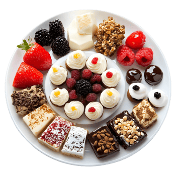 A white plate with a variety of desserts including cupcakes, brownies, and fruit png