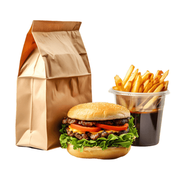A hamburger, fries, and a cup of soda are displayed in a brown paper bag png