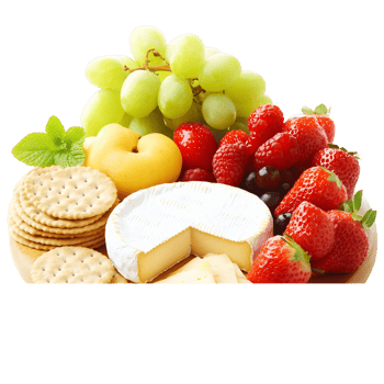 A plate of fruit and cheese with a wedge of cheese on the plate png