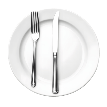 A fork and knife are on a white plate png