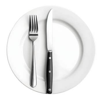A fork and knife are on a white plate png