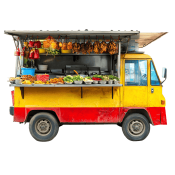 A food truck with a yellow and red exterior and a blue and white interior png