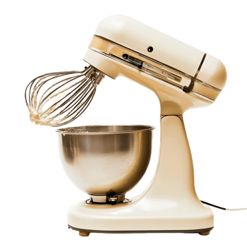 A silver and white food mixer with a wire whisk png