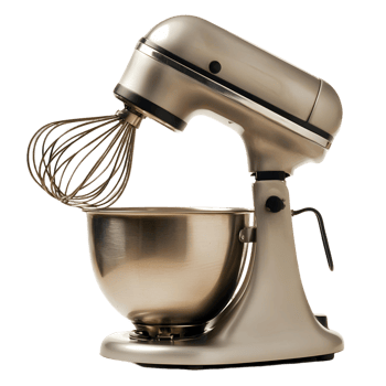 A silver food mixer with a silver bowl png