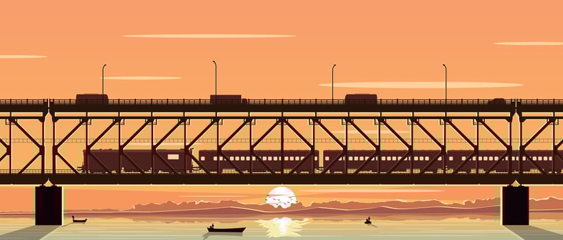 Godavari - Sunset over the Godavari river beautiful view, Godavari river with train on bridge background banner vector