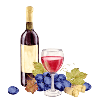 Watercolor red wine bottle with old paper label. Hand drawn clipart of alcoholic drink for party and event. Illustration for tasting, menu, cafe, bar, posters and wine list design. png