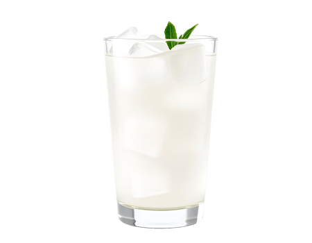 A glass of white drink with ice and a green leaf png