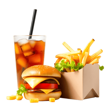 A hamburger, fries and a drink on a black background png