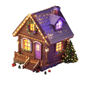 christmas house with lights and decorations on the front Transparent Background. png