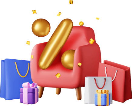 3D shopping bag, percent sign on chair in confetti png
