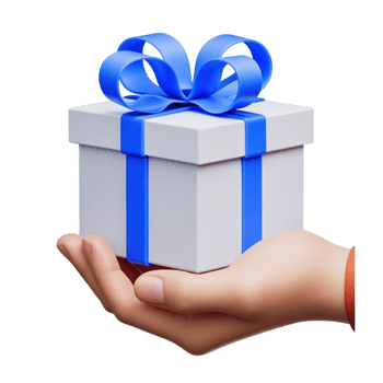hand holding gift box with blue ribbon on transparent background png