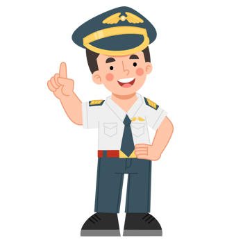Illustration of a pilot character in uniform. Illustration of a pilot pointing his hand png